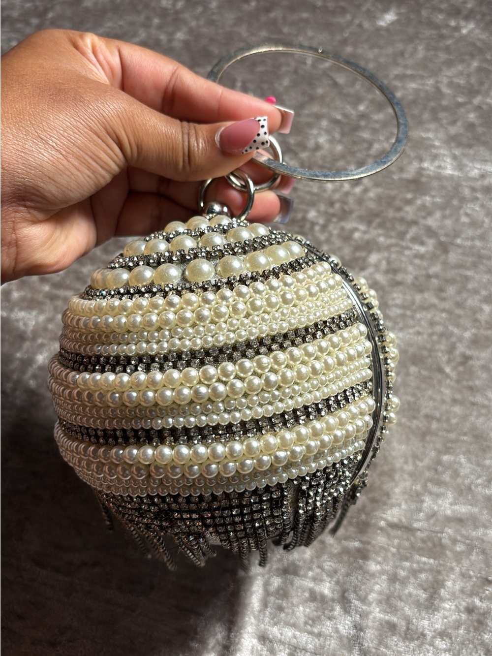 Pearl and Rhinestone Beaded Wristlet Clutch - Ivory/Silver